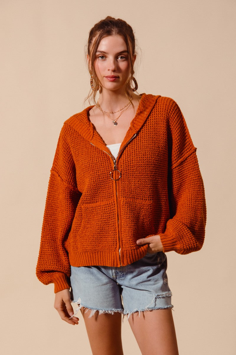 Rust Textured Zip up Hoodie