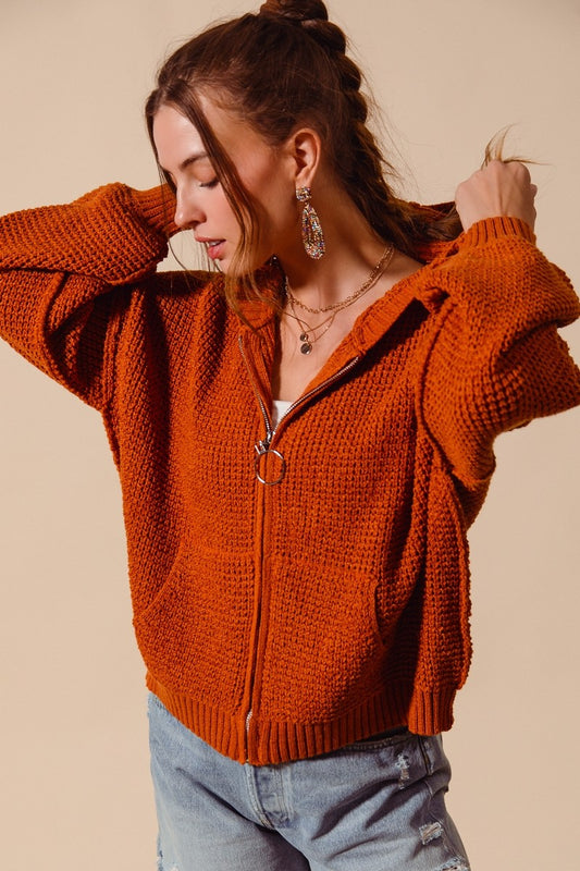 Rust Textured Zip up Hoodie