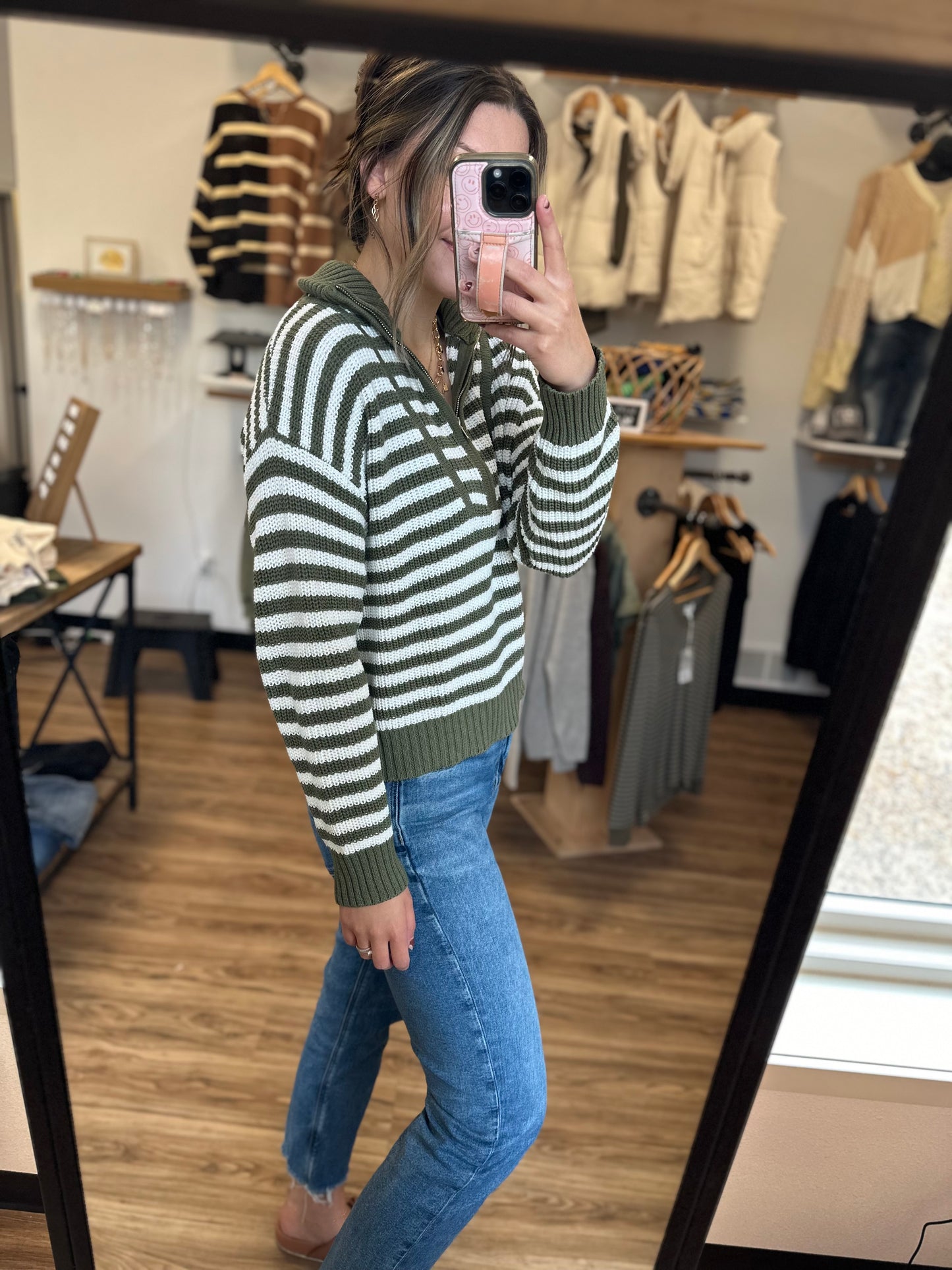 Olive White Stripe Zip