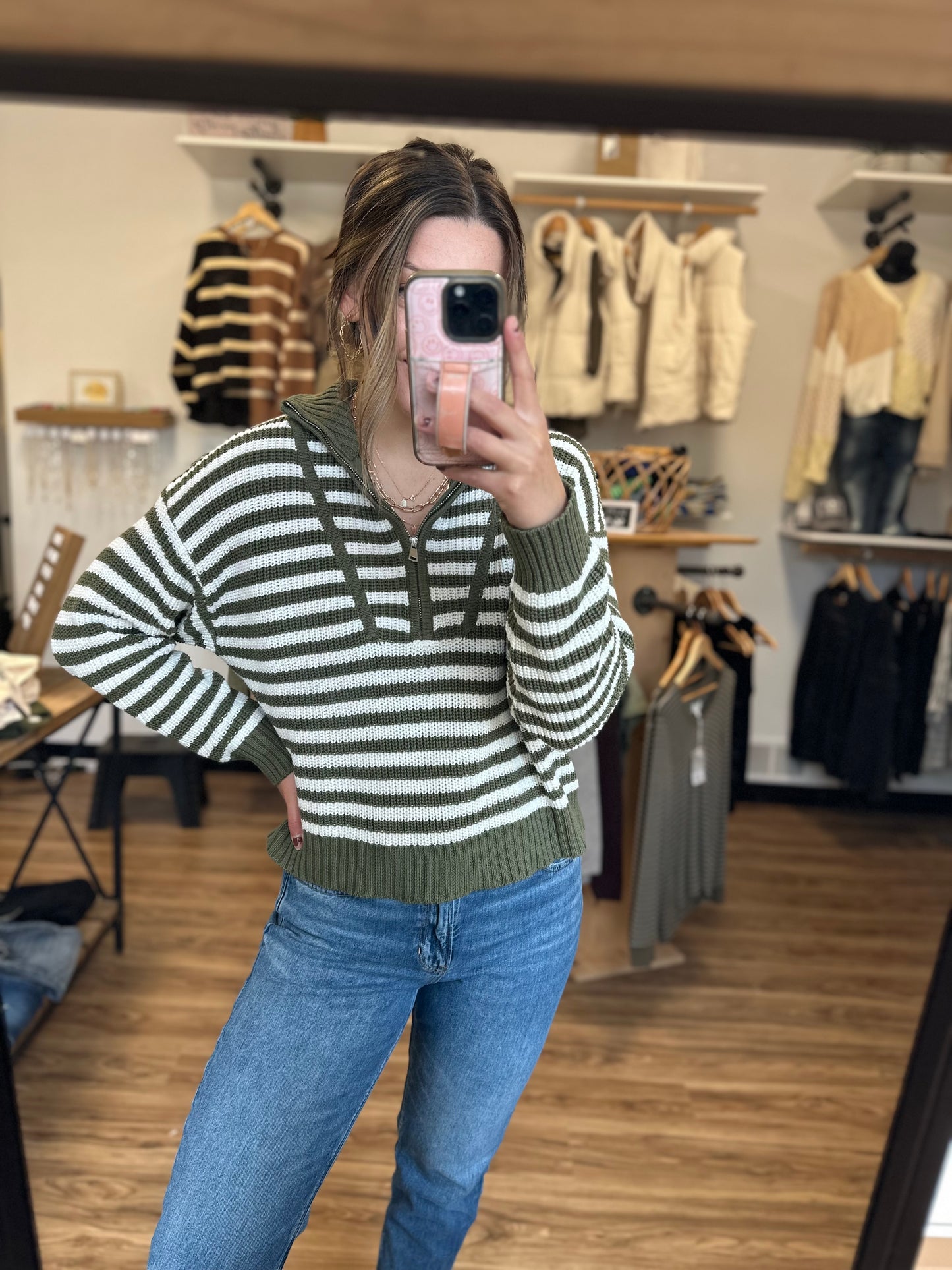 Olive White Stripe Zip