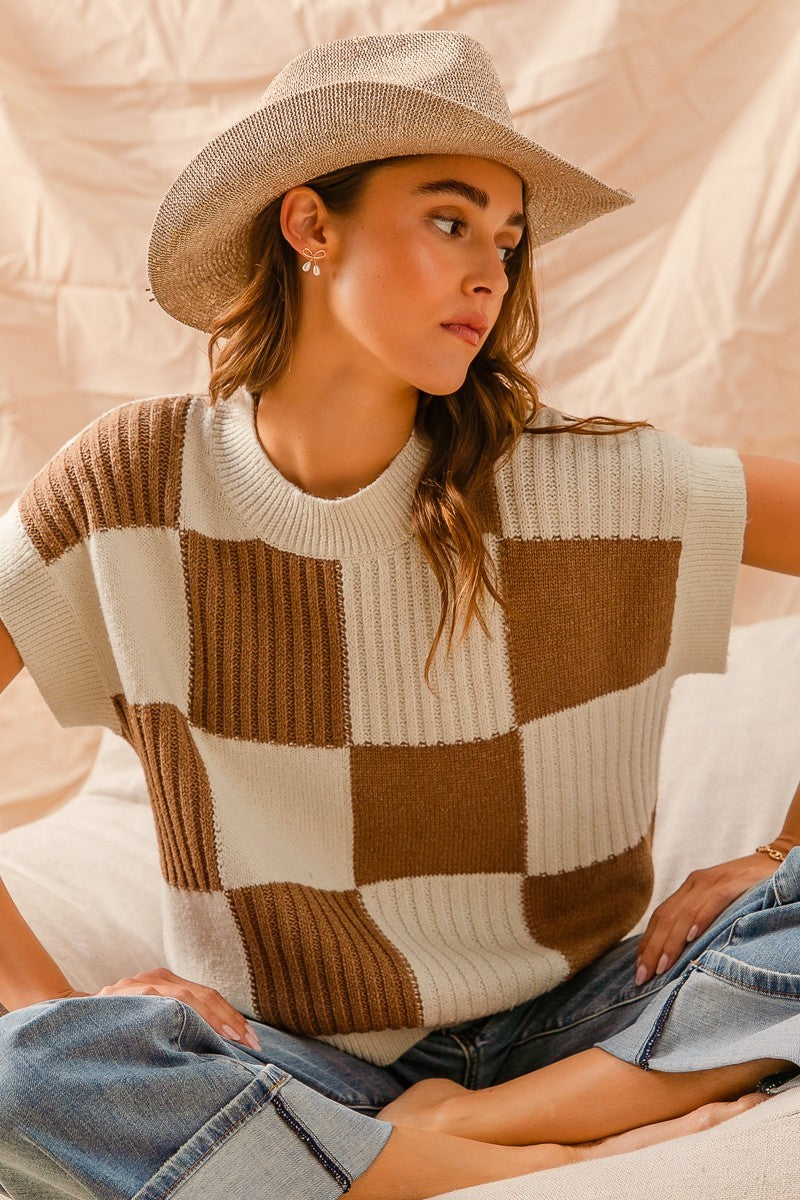 Coffee Plaid Sweater Top