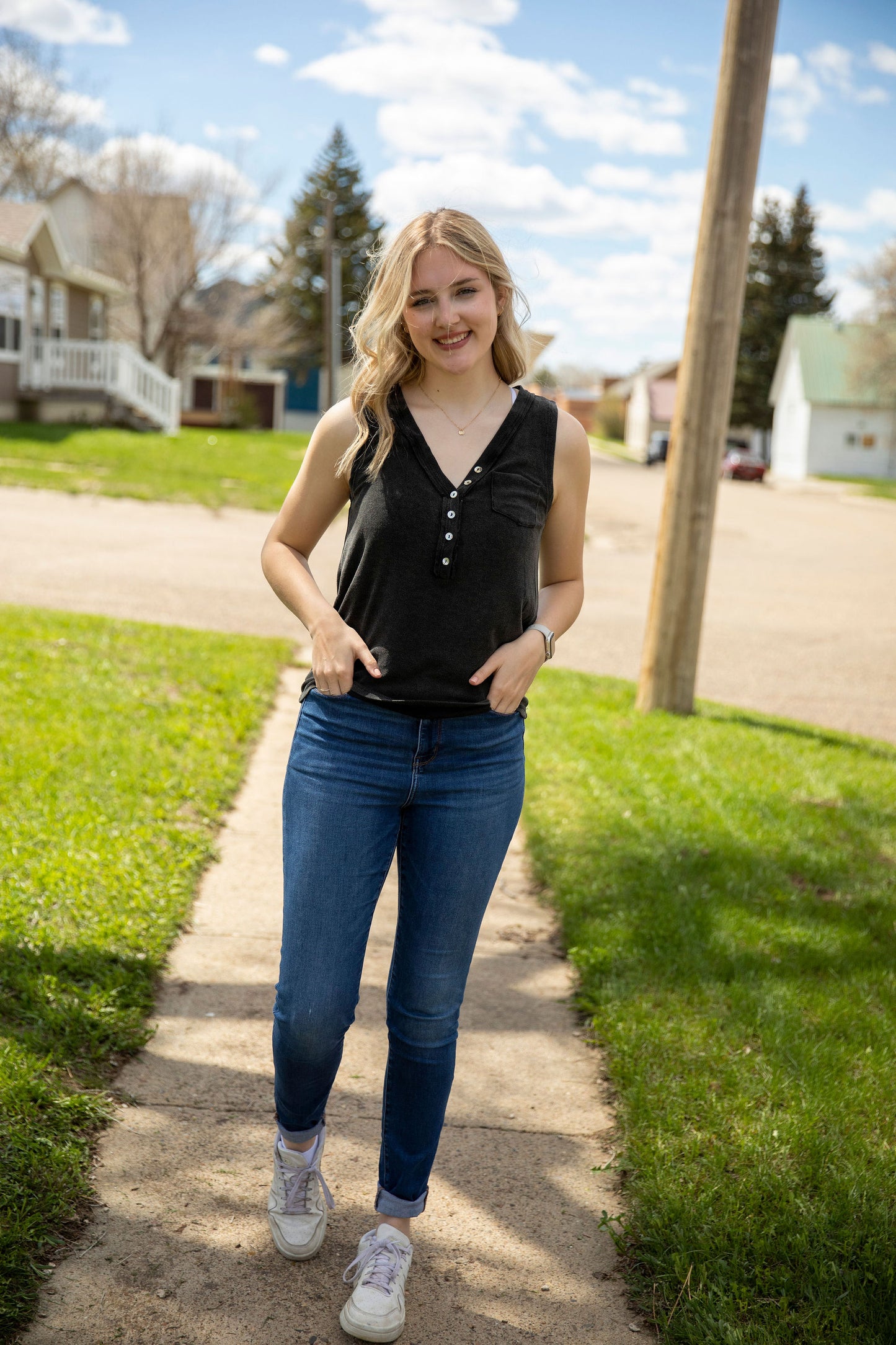 Black Button Pocket Tank