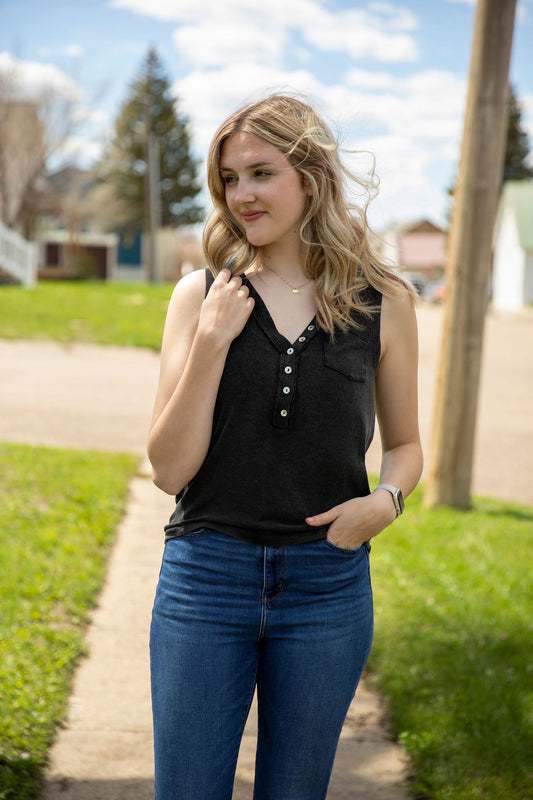 Black Button Pocket Tank